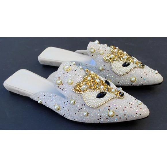 White Fox Print Slip-On Loafers Sparkling Rhinestones & Pearl Embellishments 7 - Picture 2 of 3